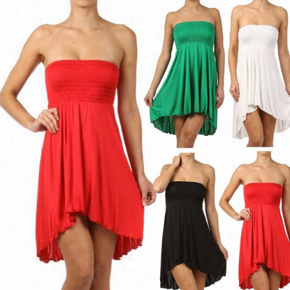 Sexy Women  Strapless Hig H Waist Pleated Dress Stretch Solid Asymmetric Hdm Party Dress