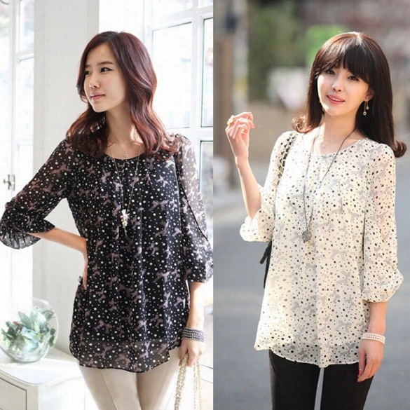 Stylish Ladies Women People Of ~ Polka  Dot Florslcasual Loose Chif Fon T-shirts Blouses