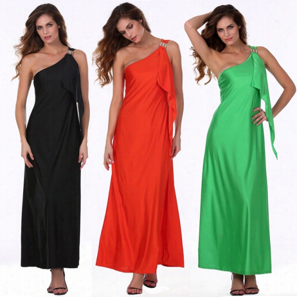 Stylish Lady Women Plus Ne-shoulder Asymmetric Neck Pure Color Bodyconn Stretch Cocktail Long Dress