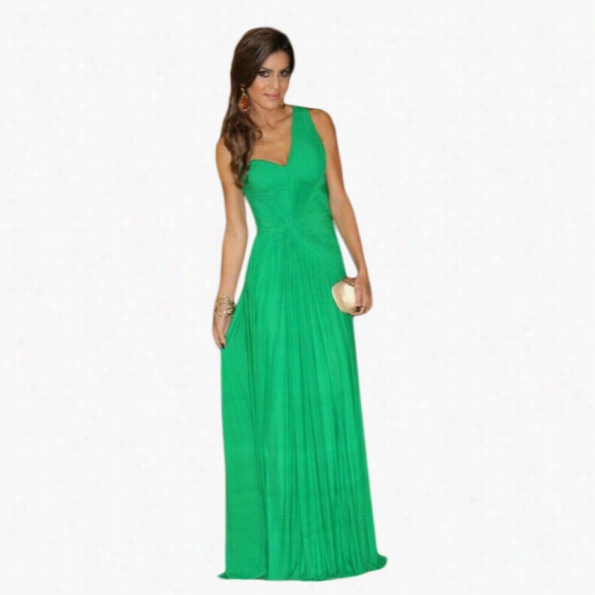 Stylish Lady Women Sexy V-neck One Shoulder Pleated Maxi Cocktail Banquuet Long Dress