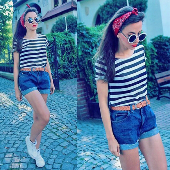 Stylish Lady Women's Fashion Casual Short Sleeve Hollow Out Sexy  Leisure Black White Stripe T-hsrit