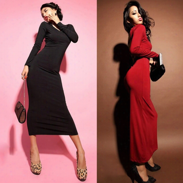 Stylish Mistress Women's New Fashion Backless Longs Leeve V-necksexy Stretch Dress