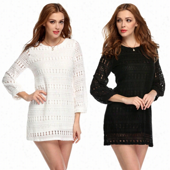 Stylihs Lady Women's O-neck Long Sleeve Hollow Lace Loose Mini Dress