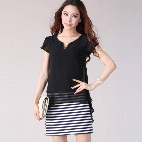 Stylish Lady W Omen's Short Sleeve V-neck Casual Chiffon Striped Mini Dress