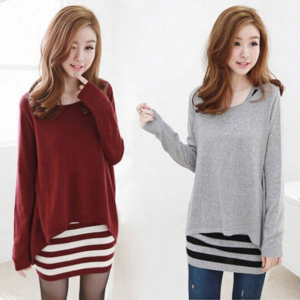 Stylish Lady's 2pcs Long Sleeve Solid Blouse Tops + Strupe Mini Dress