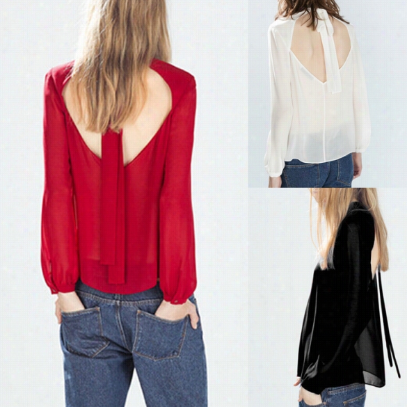 Stylish Novel Fashion Lady Women's Casual Backless Long Sleeve O-neck T-shirt Tops Blouse