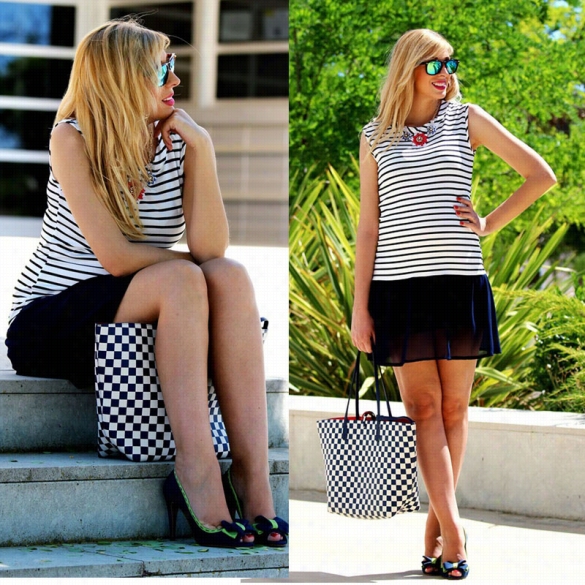 Stylish Wmen''s Casual O-neck Sleeveless Striped Patchwork Party Beach  Mini Dress