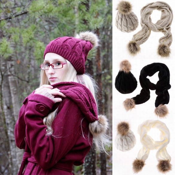 Stylish Women's Ladies Knitted Winter Warm Faux Fur Ski Hat Scarf Sets