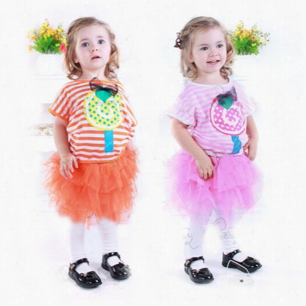 Summer New Girls 4 Colors Dress Set Explosion Models Lollipop Veil 2pcs Suit Stripe Batwing Sleeve T-shirt + Skirt