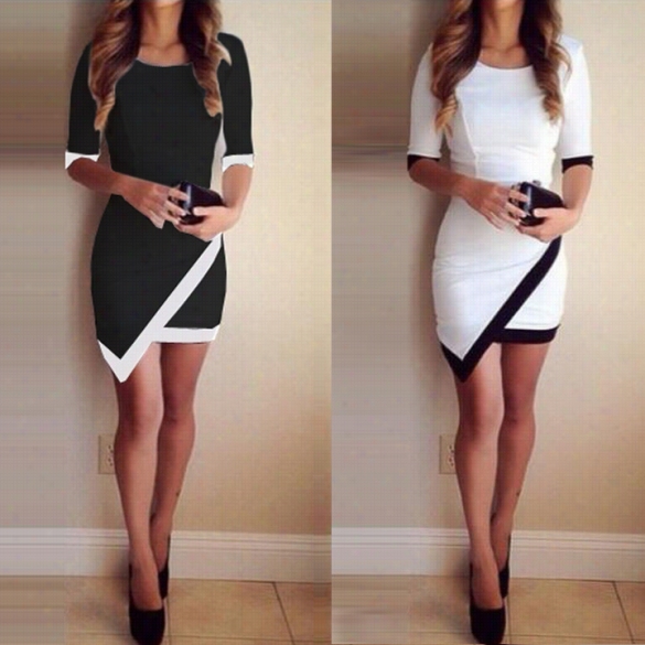 Women Fashion Half Sleeve Ladies Asymmetric Casuap  Dress White & Black Aptchwork Elegant Dresses Bodycon Pencil Short Mmini Dress