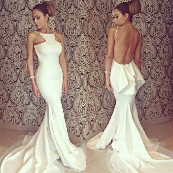 Women's Bridesmaid White Sexy Abundant Length Backless Off-shoulder Fishtail Mermaid Formal Evening Dresses  Party Gown Wedding Long Maxi Dress