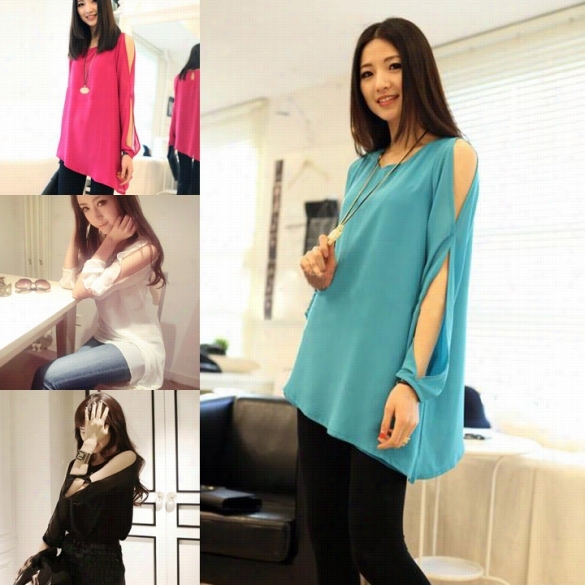 Women'x Vintage Style Asymmetrical Double Layered Off-shoulder Tops Chiffn Shirt Blouse