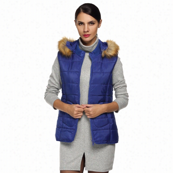 Zeagoo Women Ladies Sleeveless Detach Masterly Hat Fur Ring Outwear Zipper Closure Down Coat Vest