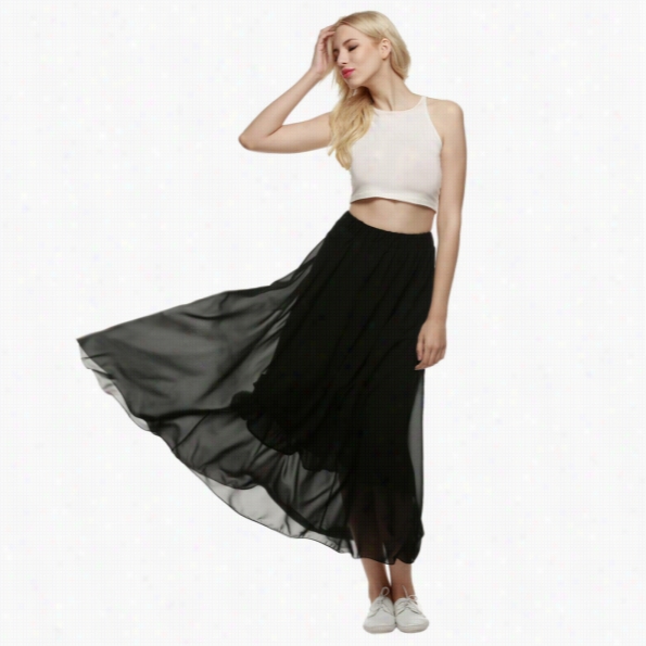 Acevog Retro Women Full Length Elastic Pleated Chiffon Maxi Long Casual Beach Skirt Solid