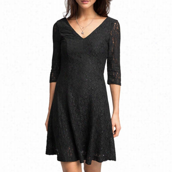 Acevog Women Casual V-neck Half Sleeve Grphic-lace A-line  Pleated Mini Dress