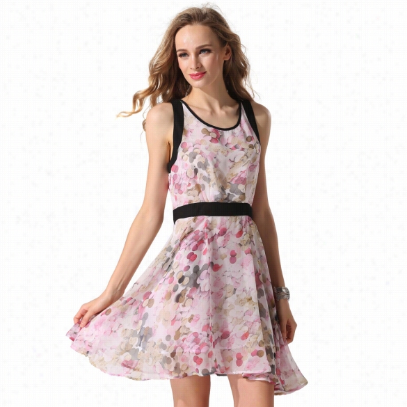 Angvns Fashion Ladies Elegant Women Casual O-neck Sleeveless Floral Print Slim High Waist Al-ine Dress