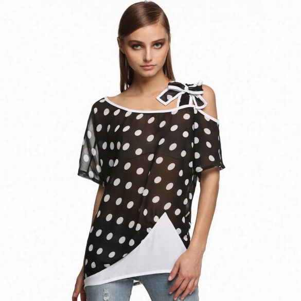 Angvns Women Casual O-neck Off-shoulder Cute Dot Printed Bowknot Loose T-shirt Tops