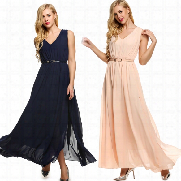 Angvns Women Casual V-neck Sleeveless Solid Chiffon Maxi Slit Dress With Belt