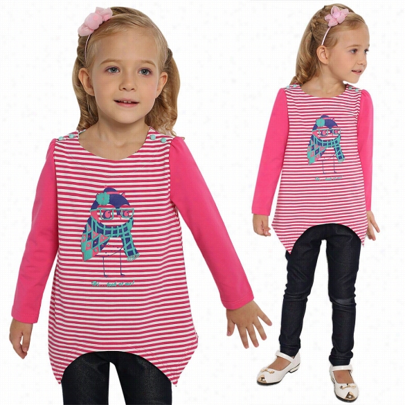 Arshiner Kids Girl's Long Sleeve Strped Patchwork Print Anomalous Hem Casual Top Blouse