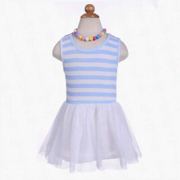 Arshiner Kids Girl's Wear Sleeveless Striped Mesh Patchworkk Sweet Casual Clothe Wit Necklace