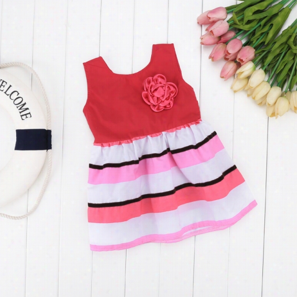 Babykids Children Girl Fashion  Casual Cute Round Neck Sleeveless Stripe Flower A-line Tank Dress