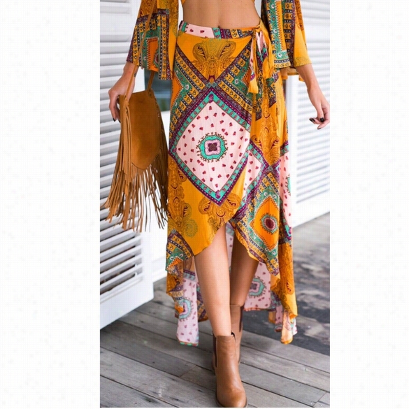 Bohemia Style Women Print Wrap Side Slit Asymmetrical Hem Beac Hloong Maxi Skirt