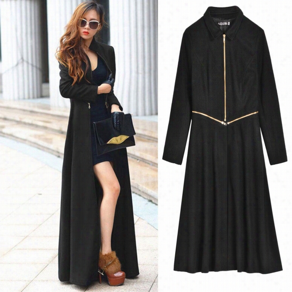 Cool Stylish Ladies Women Solid Stand Neck Long Trench Coat Windbdeakerr Outwear Overcoat Black