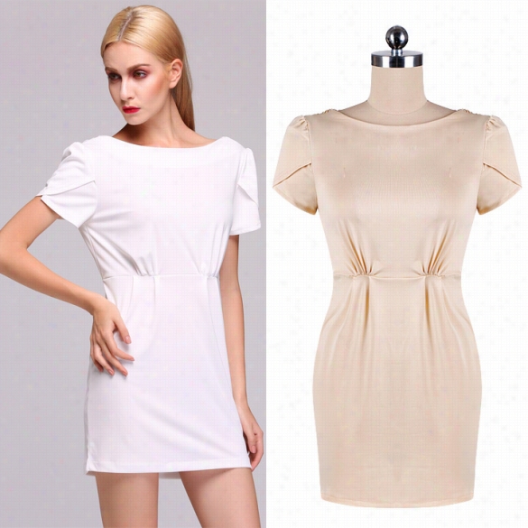 Fashion Ladies O-neck Backless Dress Womn High Waist Short Sleeve A-line Dress