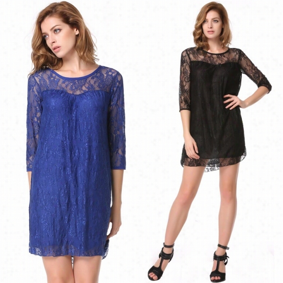 Fashion Sexy Womej's Casual 3"  Sleeve O-neck Mini Short Straight P Arty Floral Lace Dress