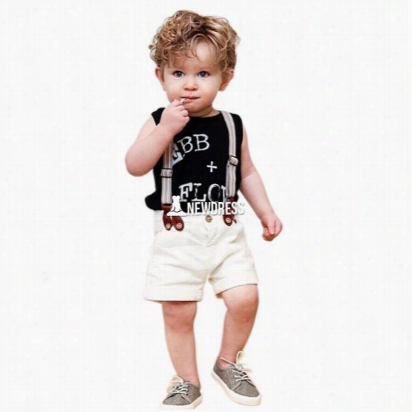 Fashion Summr Children Boys Letter Print Tank Tops Casual Roll Up Shorts With Suspender Two Piece Set