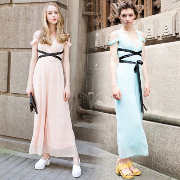 Fashion Women Chiffon Off Projection V-neck High Waistj Umpsuit C Asual Loose Splice Jumpsuit