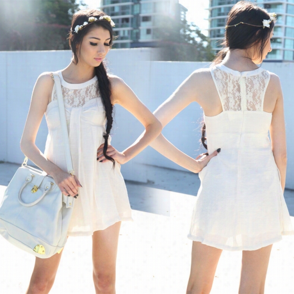 Fashion Women Lace Chiffon Spliice Sleveless Dress O-neck  High Waist Mini Dress