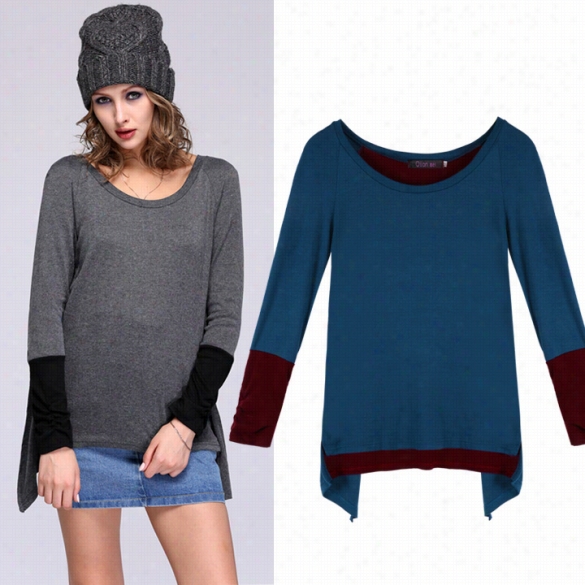 Fashion Women Lady Loose Stitching Long Sleeve T-shirt Blouse Tops