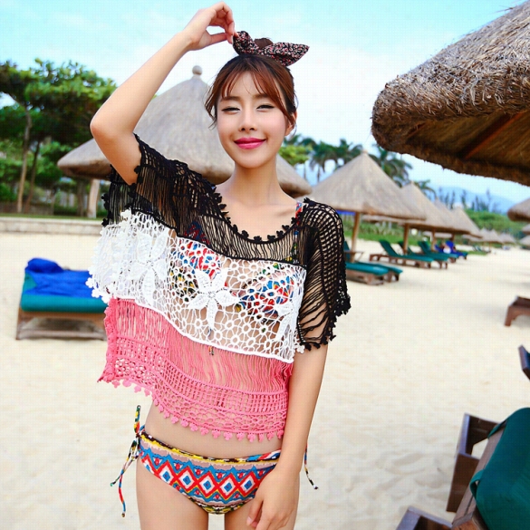 Fashion Women O-neck Short Sleeve Splicing Redden Hollow Out Crochet Lace Bikini Cover-up Swimwear