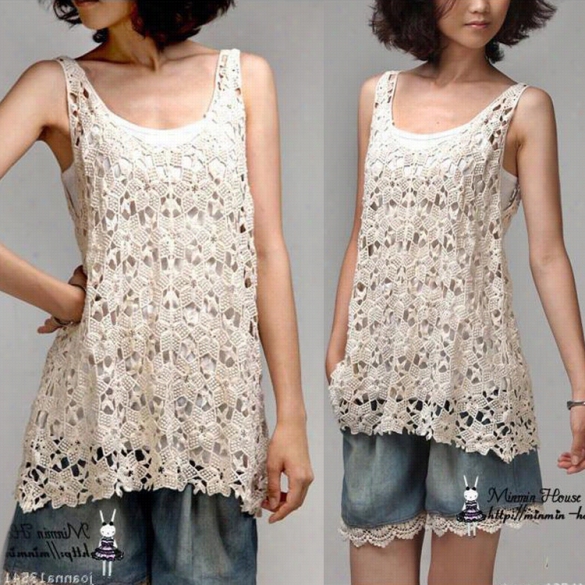 Fashion Women Sexy V-neck Sleeveless Hollow Out Crochet Beach Loose Mini Cover-up Swimwear