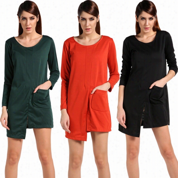 Fashion Women'sl Ooe Long S Leeve Casualasymmetri Xal Hem Dress Pullover