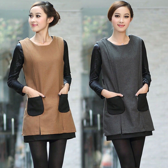 Fashion Women's Ol Sgyle Slim Sleevekess Round Collar Dress 2 Colors