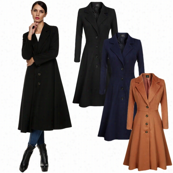 Finejo Cool Women Lady Solid Single Breasted Extra Long Trench Coat Outerwear Overcoat