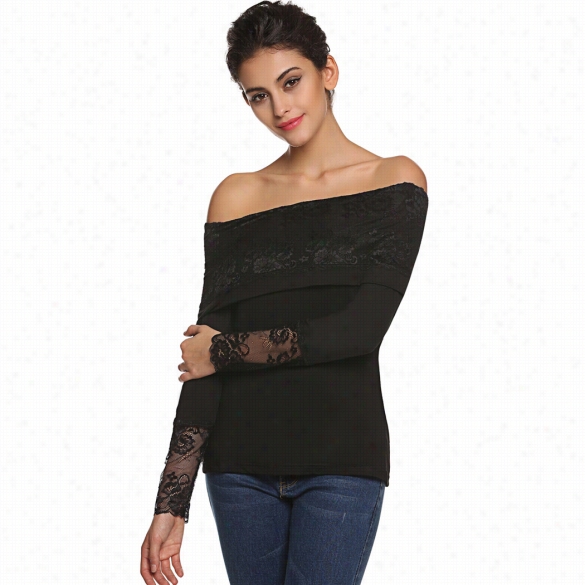 Finejo Fashion Ladies Lace Patchwok Off Shoulder Long Sleeve Slim Leisure Top Blouse