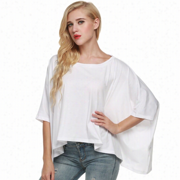 Finejo Ffashion Wom En Casual O-neck Batwing Sleeve Solid Loose T-shirt