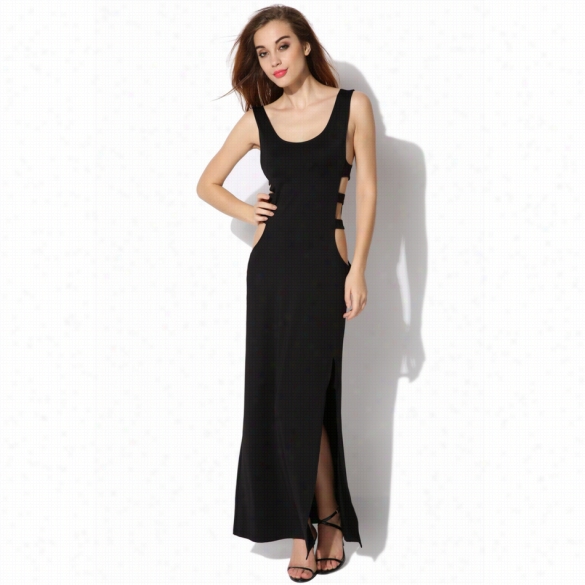 Finejo Sexy Ladies O-neck Sleeveless Hollow Out Slit Weak Party Long Maxi Tank Drress