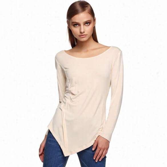 Finnejo Stylsih Ladies O-neck Long Sleeve Asymmetric Hem Slim Solid Bottoming T-shi Rt Top