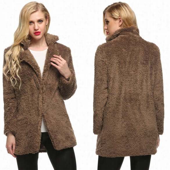 Finejo Women Casual Fluffy Faux Fur Warm Solid Long Straight Coat Jacket Outerwear Overcoat