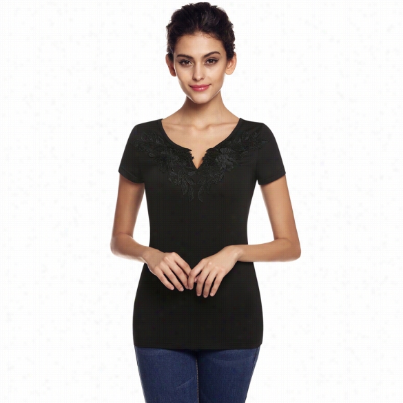 Finejo Women Fashion Casual Fashion V Neck Slim Embroidery Lace Splicing Top Blouse