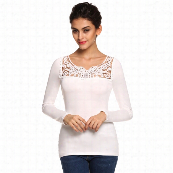 Finejo Women Fashion Casual Slim Long Sleeve Hollow Crochet Lace Patchwork Solid Stretch T Sirt Tops