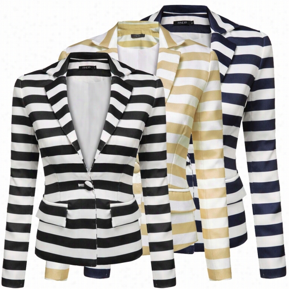 Finejo Womne Lapel Neck Long Ssleeve Striped Waist Seam Basic Jacket Blazer Coat