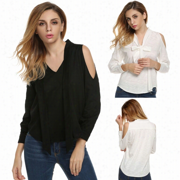 Finejo Women Sexy Lady V Neck Long Sleeve Off Shoulder Casual Solidd Tp Blouse