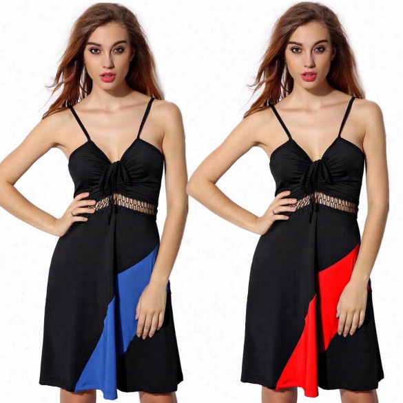 Fiejo Women V Neck Drawstring Spaghetti Strap Dress Cavity Out Waist Slim Splicing  Taank Dress