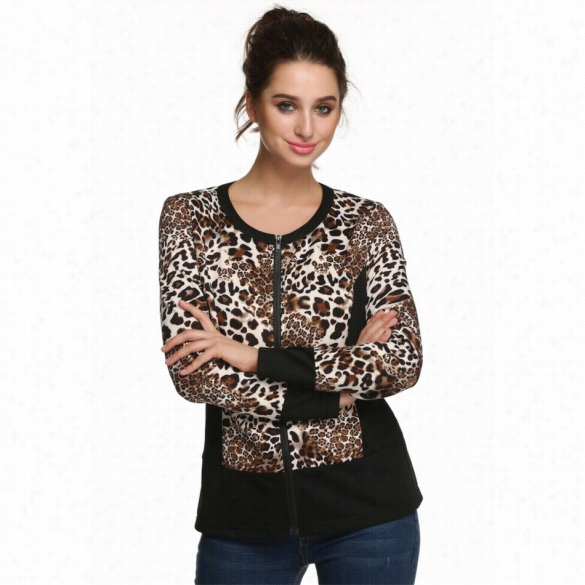 Finejo Women Zipper Leopard Splicing Long Sleeve Slim Csaual Coat Jacket Outwea Surface