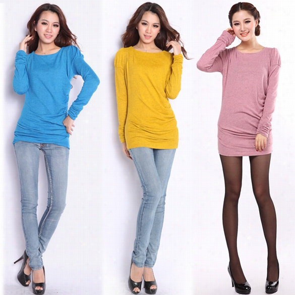 Korea Women Crew Neck Pufff Long Sleeve Fit T-shirt Tops Blouses Mini Dress